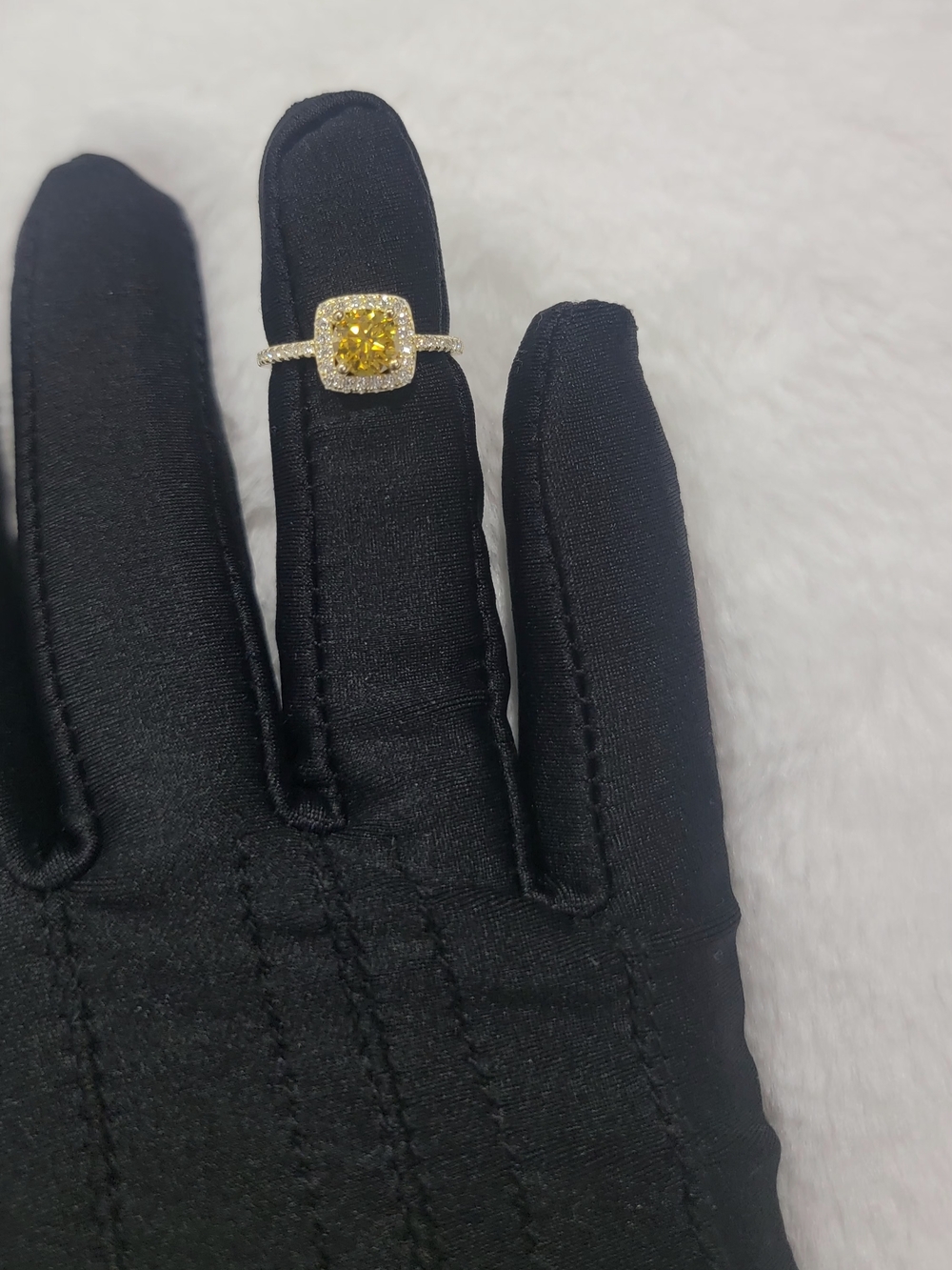 Yellow Moissanite Halo Solitaire Ring with Pavé Band. Gold Over Sterling Silver